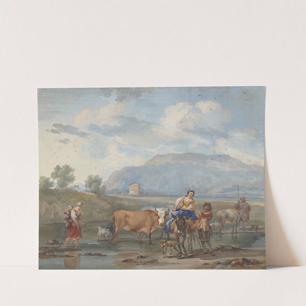 Hirten treiben Kühe durch ein Wasser, links trägt eine Frau ihr Kind auf dem Rücken, rechs reitet eine andere auf einem Esel by Aert Schouman
