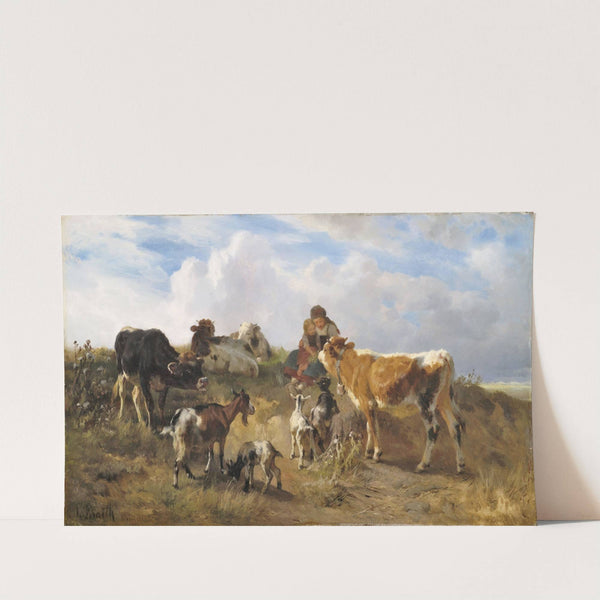 Hirtenidyll auf sommerlicher Weide mit Kühen und Ziegen by Anton Braith