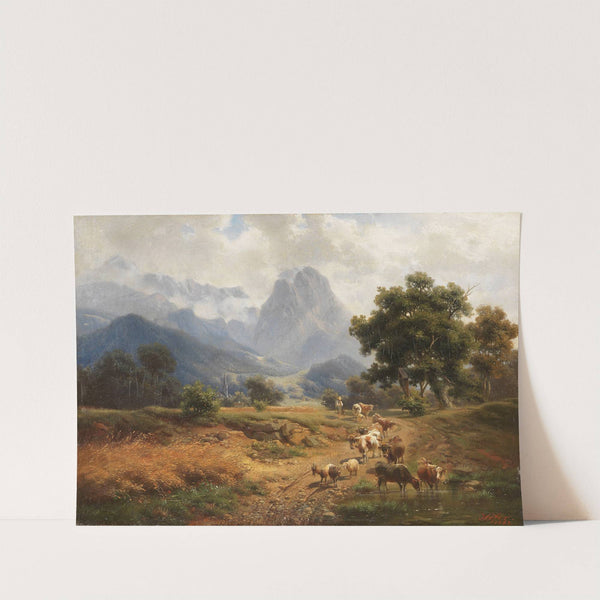 Hirtenjunge mit Vieh bei Partenkirchen mit Blick auf das Wettersteingebirge by Heinrich Höfer