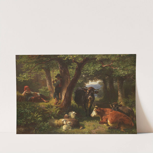 Hirtenkinder im Wald mit Kühen und Schafen by Friedrich Voltz