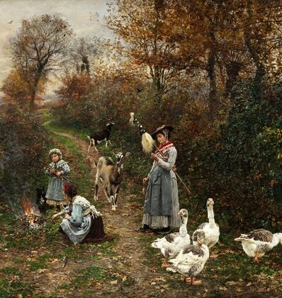 Hirtenmädchen am Waldrand beim Entfachen eines Feuers (1880)