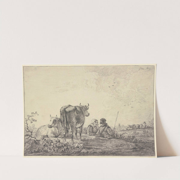 Hirtenpaar auf einer Weide bei der Rinderherde lagernd by Jacob van Strij