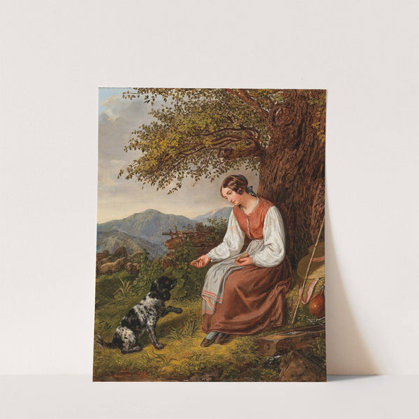 Hirtin bei der Rast mit Hund by Joseph Lavos