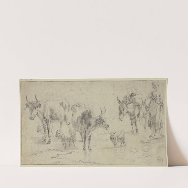 Hirtin bei einem Esel sowie drei Kühen und drei Schafen by Nicolaes Pietersz. Berchem