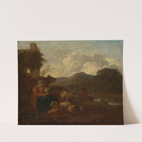 Hirtin, ihr Kind stillend, mit der Herde in südlicher Landschaft by Simon van der Does