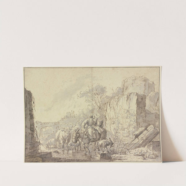 Hirtin und Hirte mit ihrer Herde in einer Ruinenlandschaft, ein antikes Fresko betrachtend by Johann Heinrich Roos