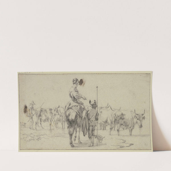 Hirtin zu Pferde, zwei Hirten zu Fuß, bei einer Kuhherde by Nicolaes Pietersz. Berchem