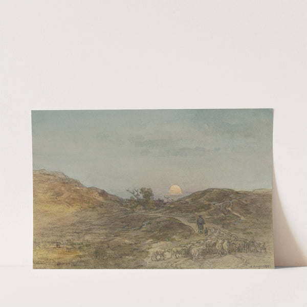 Hohlweg mit Schafherde bei Sonnenuntergang by Anton Burger