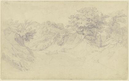 Hohlweg nach Civitella di Olevano, dem heutigen Bellegra, rechts eine wandernde Frau in Rückenansicht