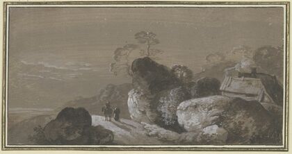 Hohlweg zwischen Felsen, rechts zwei Hütten, auf dem Weg ein Reiter mit Begleiter zu Fuß