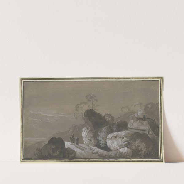 Hohlweg zwischen Felsen, rechts zwei Hütten, auf dem Weg ein Reiter mit Begleiter zu Fuß by Johann Georg Wagner