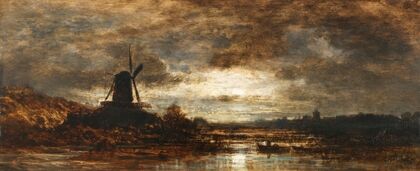 Holländische Flusslandschaft mit Mühle bei Mondschein (1855)