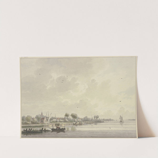 Holländisches Dorf an einem breiten Flusse, der mit mehreren Schiffen belebt ist, rechts auf dem Wasser fliegt ein Vogel by Nicolaas Wicart
