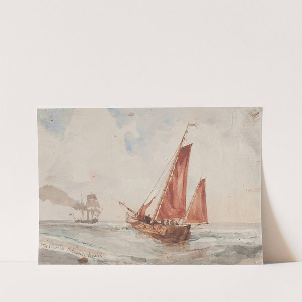 Holländskt fiskefartyg i bakgrunden korvetten Orädd by Bror Jacob Adelborg