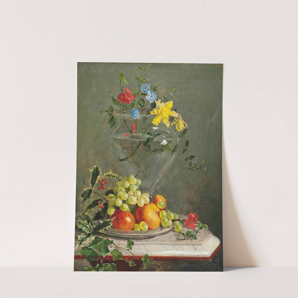 Holly, ivy, grapes, apples and oranges in a bowl by a vase of flowers including daffodils and phlox, on a marble ledge by Circle of Franz Xavier Petter