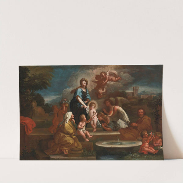 Holy family with angels in a landscape by Luigi Garzi