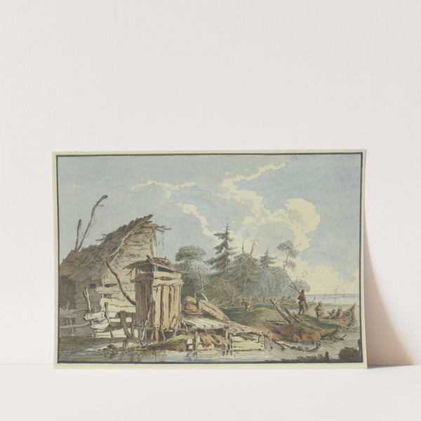 Holzhütten am waldigen Meeresufer, rechts ein Kahn mit einer Familie by Marquard Wocher