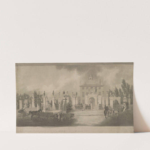 Home of Lord Timothy Dexter, Newburyport, Massachusetts with wooden statues on pillars and passersby enjoying the view (1809-1815) by John Rubens Smith