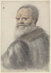 Homme âgé, à longue barbe, de dos, se retournant, la tête vue de trois quarts à gauche