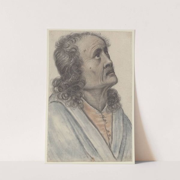 Homme âgé aux cheveux longs et bouclés, levant la tête, vu presque de profil à droite by Nicolas Lagneau