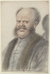 Homme au crâne dégarni, portant moustaches et larges pattes de cheveux descendant sur les joues, vu presque de face