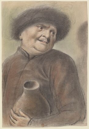 Homme, coiffé d’un bonnet bordé de fourrure, tenant une gourde, la tête de trois quarts à droite
