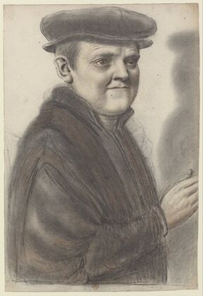 Homme coiffé d’une toque, levant le bras droit, vu de trois quarts à droite