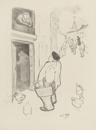 Homme dans la rue parlant avec une femme à son balcon (1895-1900)