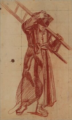 Homme en costume ecclésiastique portant une échelle