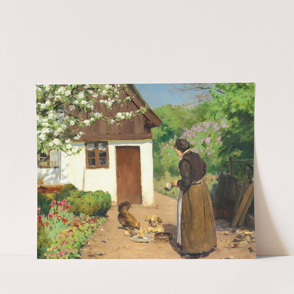 Hønsene fodres foran det hvidkalkede bondehus en sommerdag by Hans Andersen Brendekilde