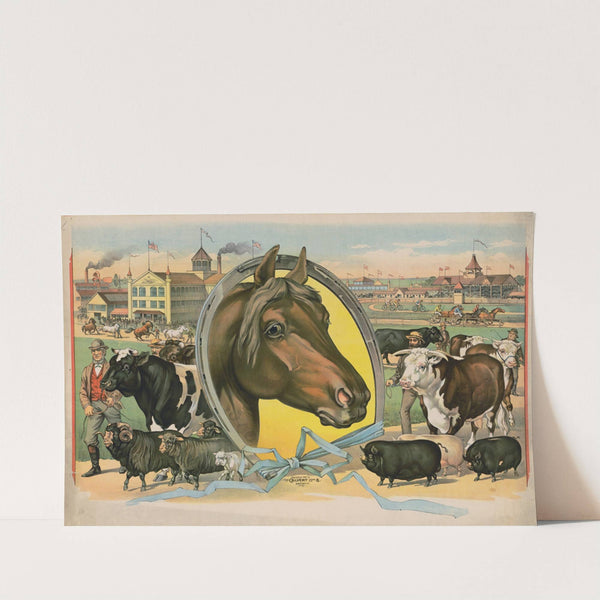 Horse framed by a horseshoe with fair buildings and a racetrack in the background (1894) by Calvert Litho. Co