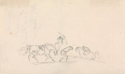 Horse Led by a Man, Being Attached by Another Man