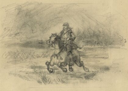 Horseman galloping across a battlefield