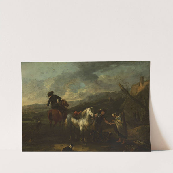 Horsemen and a beggar woman against landscape by August Querfurt
