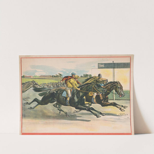 Horses and crossing finish line in a close race (1892) by Calvert Litho. Co