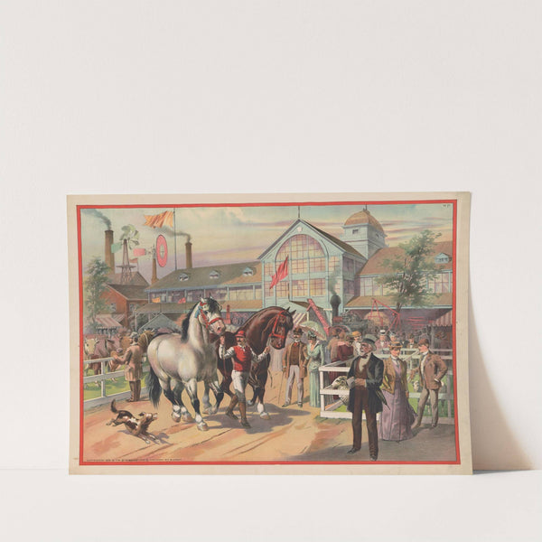 Horses and jockeys at the fair with building in the background (1891) by Strobridge & Co. Lith.