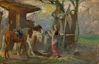 Horses at the waterhole, sketch