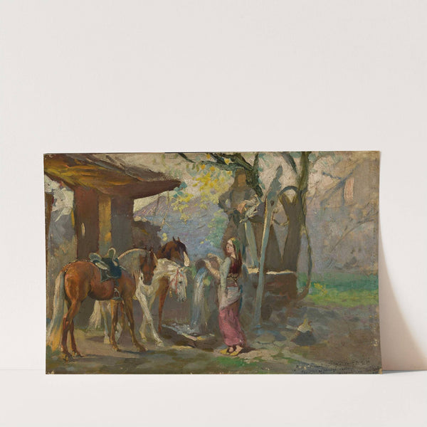 Horses at the waterhole, sketch by Wacław Pawliszak