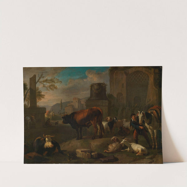 Horses, cattle, sheep and goats among Roman ruins by Pieter van Bloemen