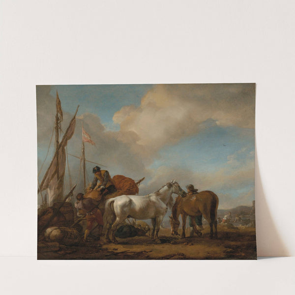 Horses in a landscape with figures loading bales onto a boat by Philips Wouwerman