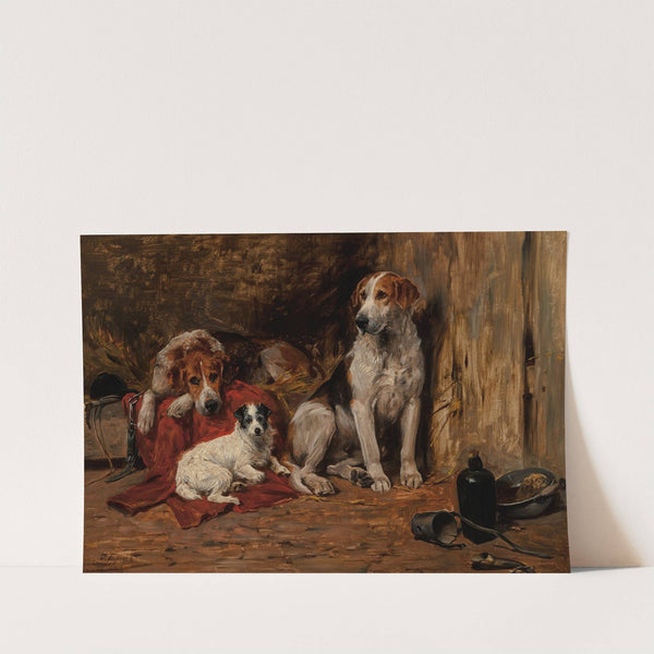 Hounds and a Jack Russell in a stable by John Emms