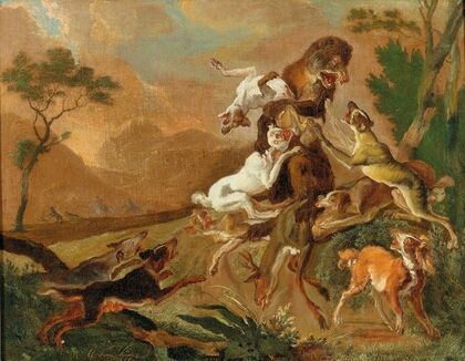 Hounds attacking a bear