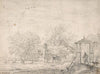 House among Trees, at Right Man and Dog on a Footbridge