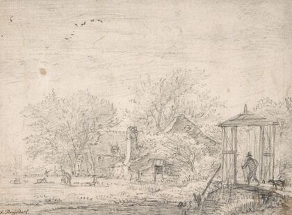 House among Trees, at Right Man and Dog on a Footbridge
