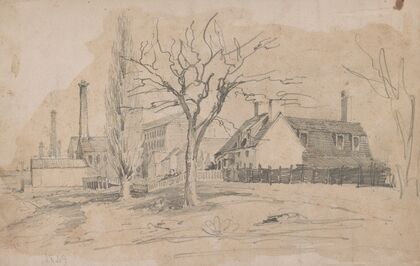 House and factories as seen on the edge of a community (1849)