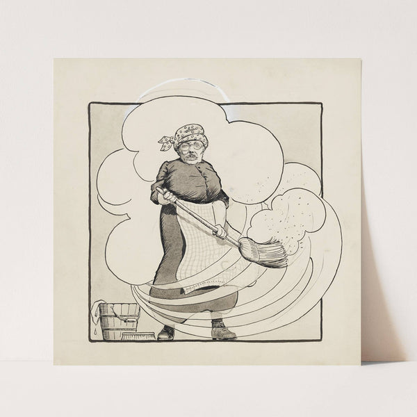Theodore Roosevelt depicted as an older woman tries to sweep as a big gust of wind comes in through the window by Harold Imbrie