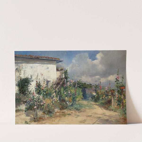 House with hollyhocks in the garden by Henryk Siemiradzki