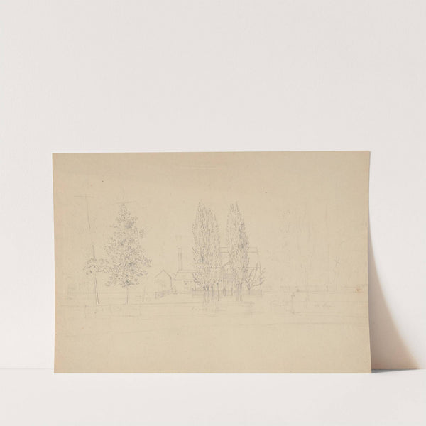 House with tall chimney and gambrel roof obscured by trees by John Rubens Smith