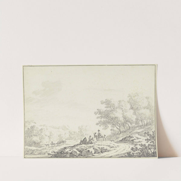 Hügelige bewaldete Landschaft, im Vordergrund neben einem Weg eine Gruppe von ruhenden Landleuten mit einem Reiter und einem Hund, im Mittelgrund ein bespannter Heuwagen. by Johann Christoph Dietzsch