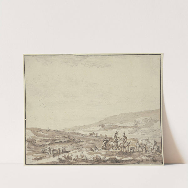 Hügelige Gegend, rechts Hirte und Hirtin auf Eseln reitend mit Vieh by Nicolaes Pietersz. Berchem